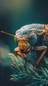 Extreme close up of colorful insect on green foliage.