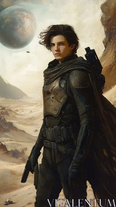 Armored desert scout under twin celestial bodies, windward poised.