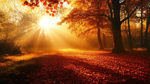Sun rays penetrate autumn woodland creating defined beams