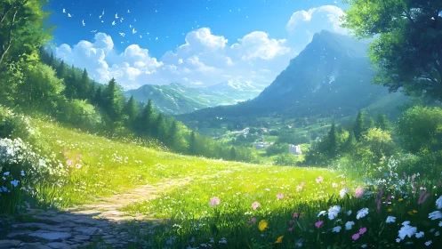 Mountain valley meadow landscape shows path and distant village