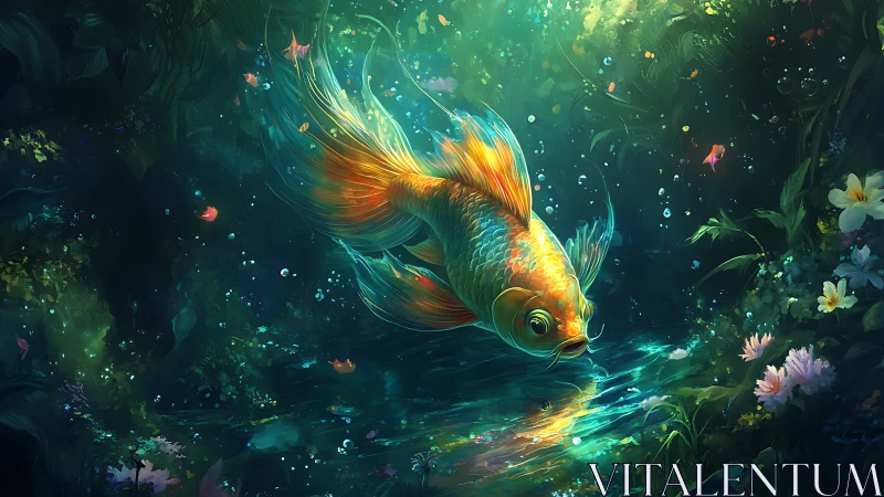 Golden koi sips moonlit color from a dreaming forest pond