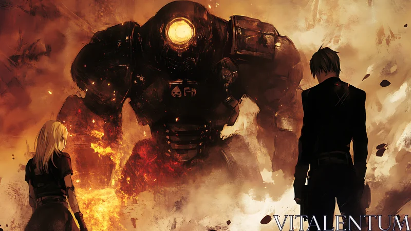 Two lone fighters confront a burning war mech amid chaos