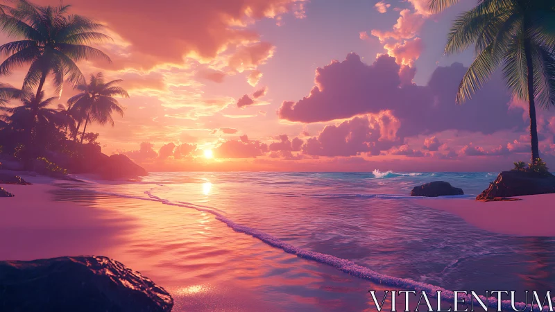 Tropical shoreline glowing under vivid neon sunset sky.