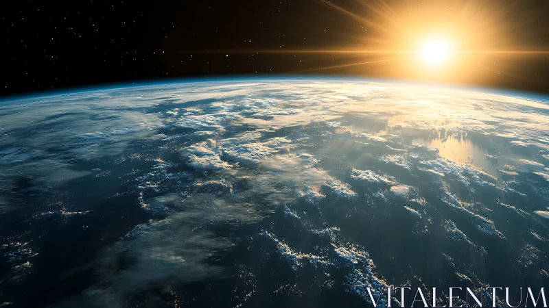 Low Earth orbit sunrise over curved horizon with cloud cover