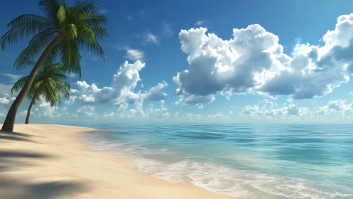 Tropical Beach Paradise With Palm Tree, Clear Waters, Blue Sky.