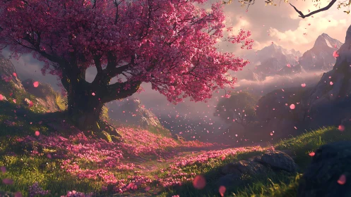 Blossom-laden dreamtree guarding a misty mountain pass.