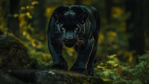 Black panther stalking forward in dense green forest.