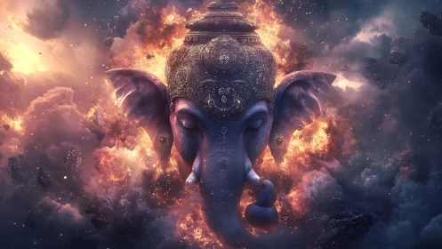 Celestial elephant deity emerges through cosmic firestorm.