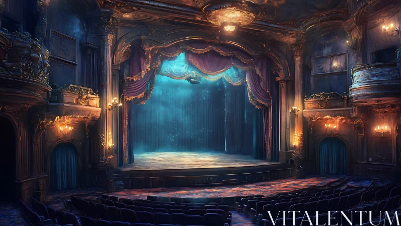Ornate empty theater interior with illuminated main stage.