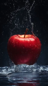 Red apple splashing through water against dark background.