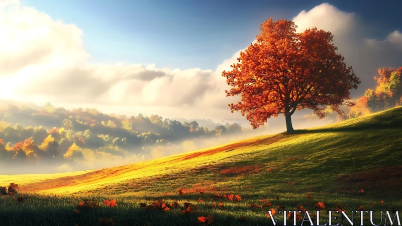 Solitary autumn tree stands on a sunlit sloping hillside