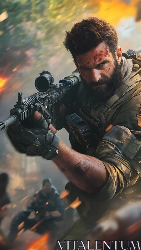 Bearded soldier aims assault rifle amid chaotic firefight