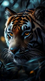 Cinematic close-up of a tiger in moody, high-contrast lighting