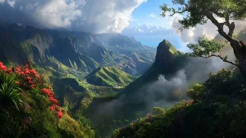 Lush coastal valley with misty peaks under dramatic clouds.