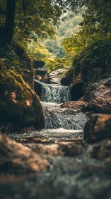 Forest stream cascades through mossy rocks in soft light