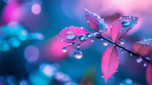 Neon dew-kissed leaves shimmer in dreamy twilight haze.