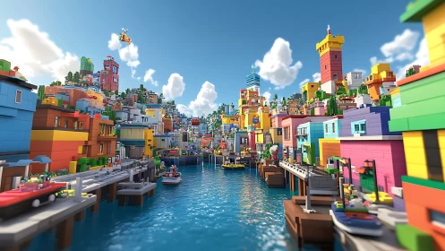 Colorful blocky harbor city sparkles under a bright blue sky