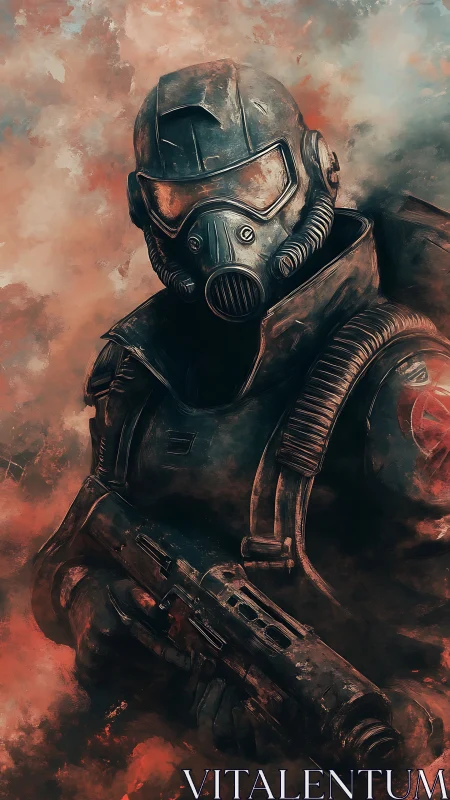 Armored soldier in gas mask holds rifle in smoky haze.