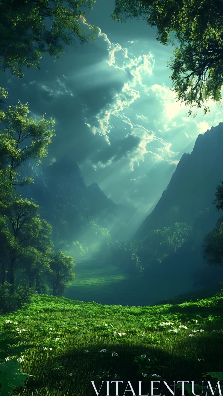 Sunlit valley meadow where quiet forests breathe softly.