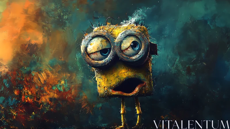 Weathered cartoon creature stands confused in swirling colors