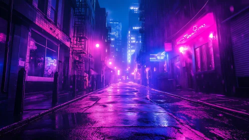 Neon-lit wet alleyway renders volumetric rain and reflective paving