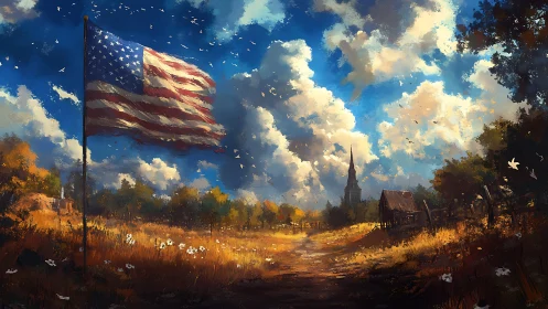American flag dominates a painterly rural landscape under cumulus