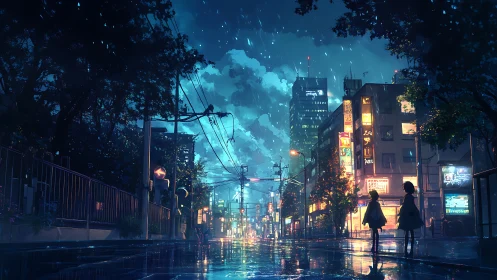 Rainy city evening with glowing lights and quiet wonder.