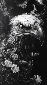 Monochrome raptor portrait with floral and lepidopteran motifs.