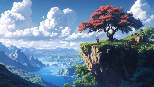 Crimson tree above vast river valley under towering clouds.