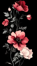 Botanical Illustration: Red and Pink Poppies on Black Background
