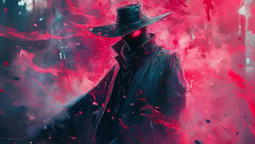 Crimson shadow wanderer wrapped in swirling neon mist.