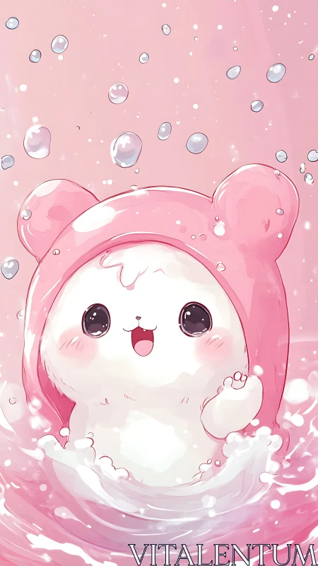 Kawaii white creature splashes in pastel pink water.