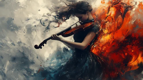 Dynamic violinist framed by turbulent abstract fire and smoke