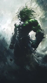 Muscular green warrior emerges from turbulent abstract storm field