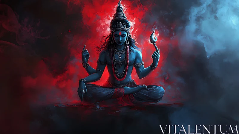 Blue-skinned meditative figure amid red and blue vapor.