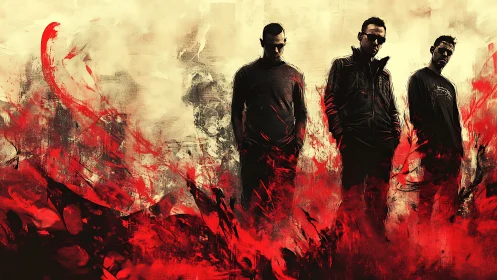 Three men in dark clothing amid abstract red swirls.
