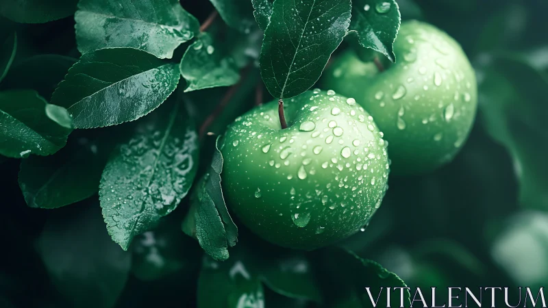 Green apples with water droplets on tree branch in foliage.