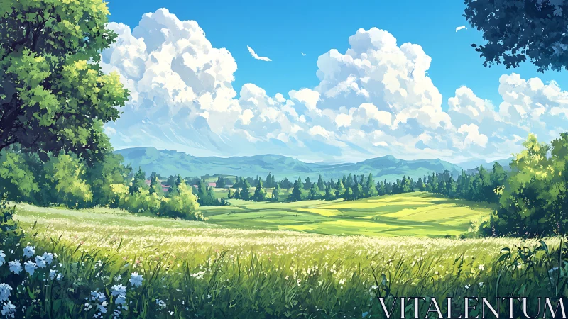 Digital landscape of grassy field with distant hills and clouds.