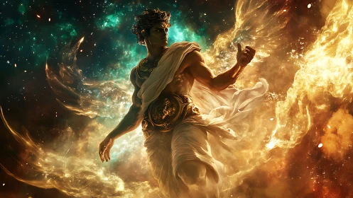 Mythic male figure in luminous cosmic cloudscape scene.