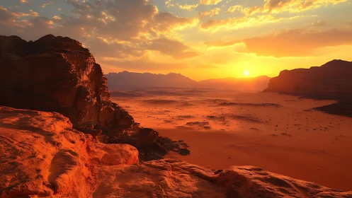 Sunset light over rocky desert cliffs and sand plain.