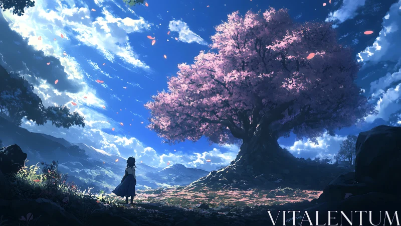 Girl observes luminous cherry tree under sweeping sky