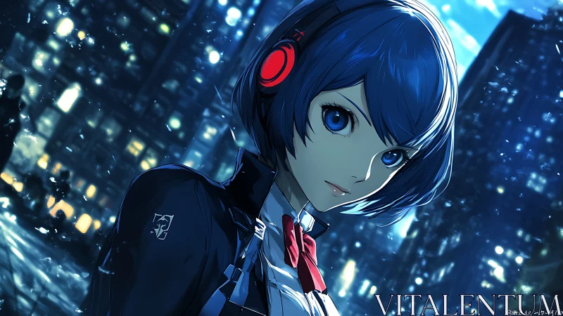 Blue haired anime girl with headphones in neon lit urban snowfall