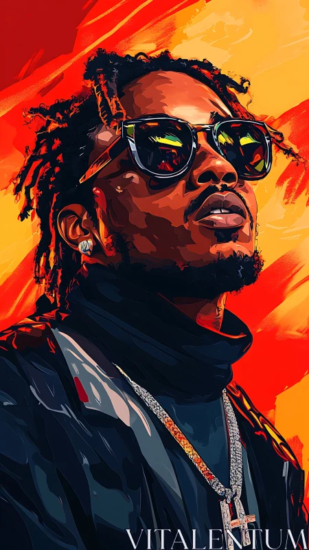 Sunglassed firewalker gazes upward through molten color haze