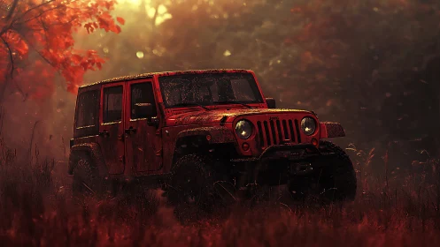 Bold red off road jeep rests in a misty autumn forest glow