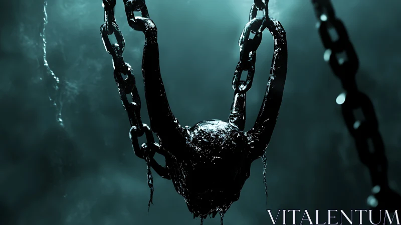 Suspended horned relic glistening in shadowy teal mist.