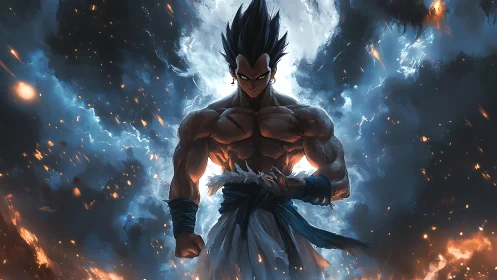 Powerful anime warrior stands amid explosive cosmic energy