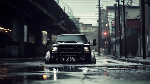 Modified black truck dominates wet urban underpass in rain