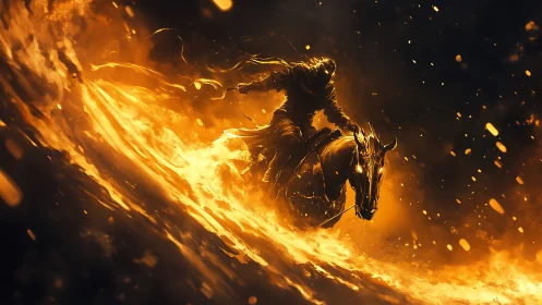 Flaming spectral rider charging through swirling inferno.
