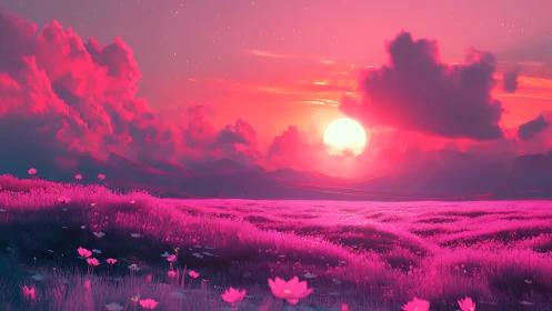 Dreamy pink meadow glowing under a gentle fantasy sunset.