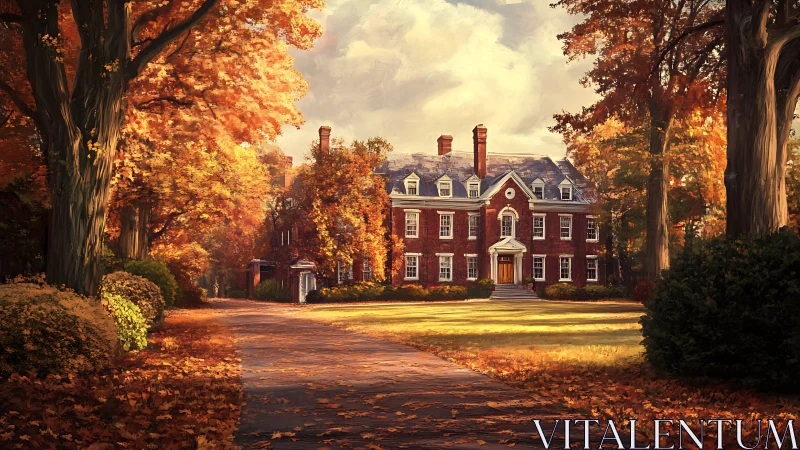 Golden autumn avenue leads toward a welcoming brick manor